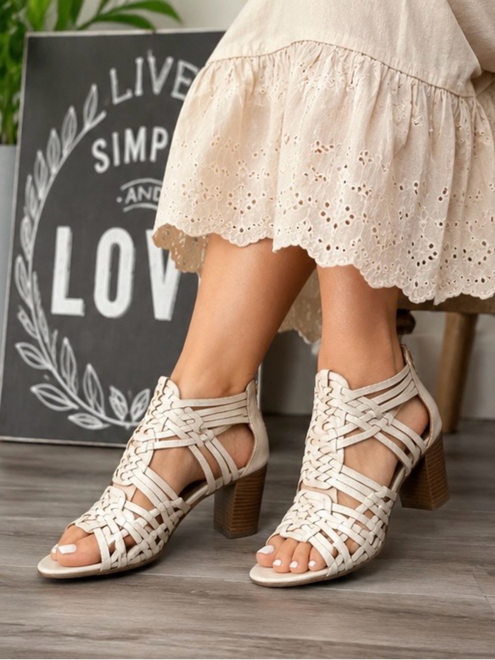 Tory Burch Tevray woven leather wedge sandals in a slightly off-white. Size 7.5M